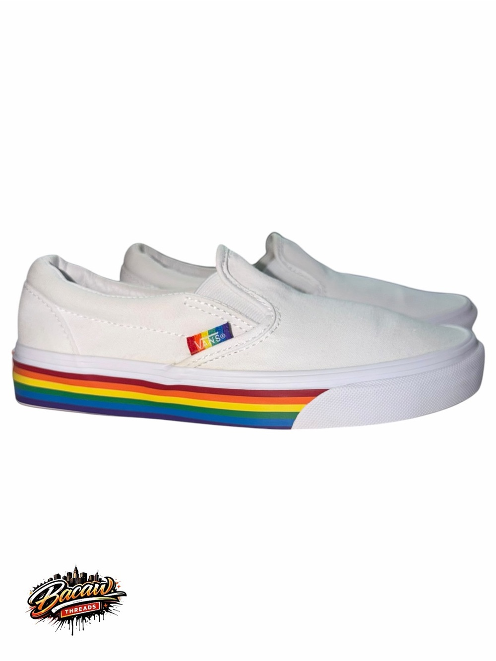 Vans White Multi/Rainbow Slip-On Pride Classic Canvas Skate Shoes‎ Women’s 6